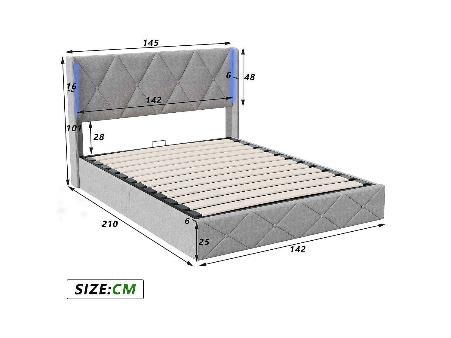 Bed 140x200 cm - NEXU - bed met opbergruimte 140x200 cm met ledverlichting - bedframe met lattenbodem - fluwelen stof - grijs