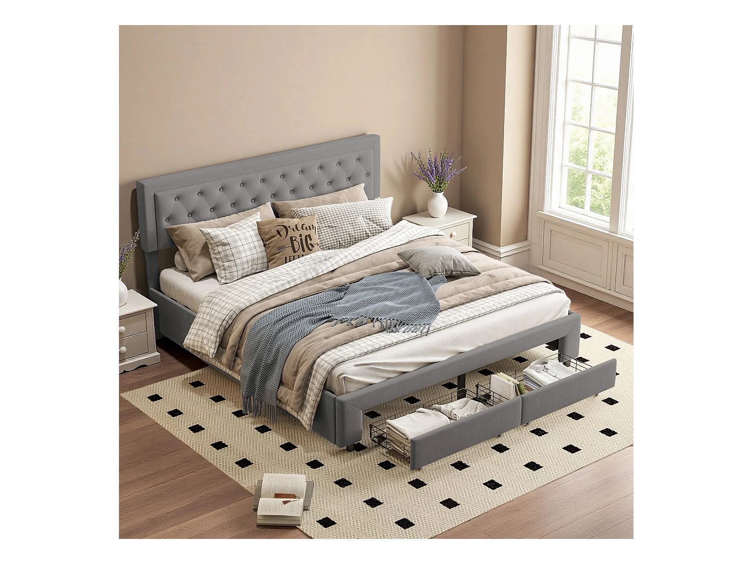 Lit 160x200 cm avec sommier à lattes - NEXU - lit  tiroir 160x200 cm - lit adulte 160x200 cm tissu en velours - cadre de lit coffre 160x200 cm - gris