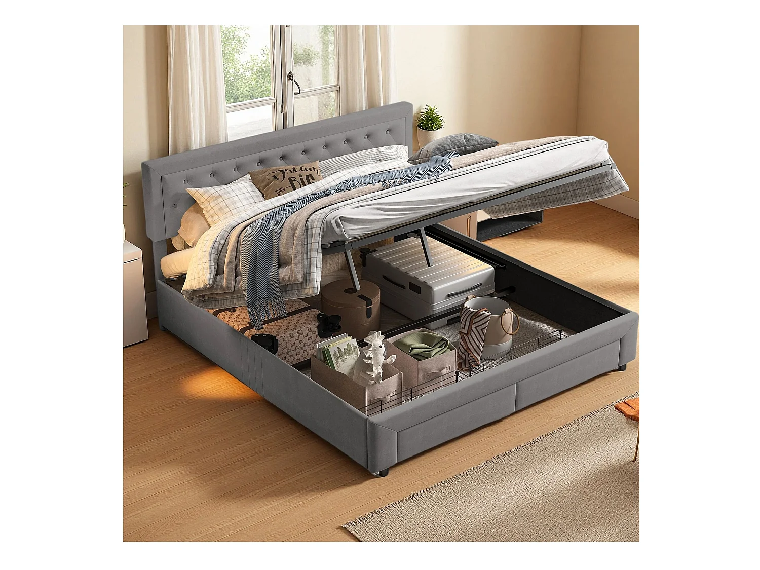 Lit 160x200 cm avec sommier à lattes - NEXU - lit  tiroir 160x200 cm - lit adulte 160x200 cm tissu en velours - cadre de lit coffre 160x200 cm - gris