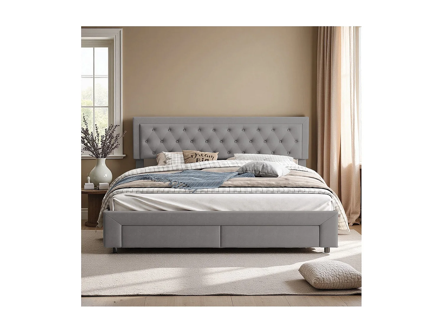 Lit 160x200 cm avec sommier à lattes - NEXU - lit  tiroir 160x200 cm - lit adulte 160x200 cm tissu en velours - cadre de lit coffre 160x200 cm - gris