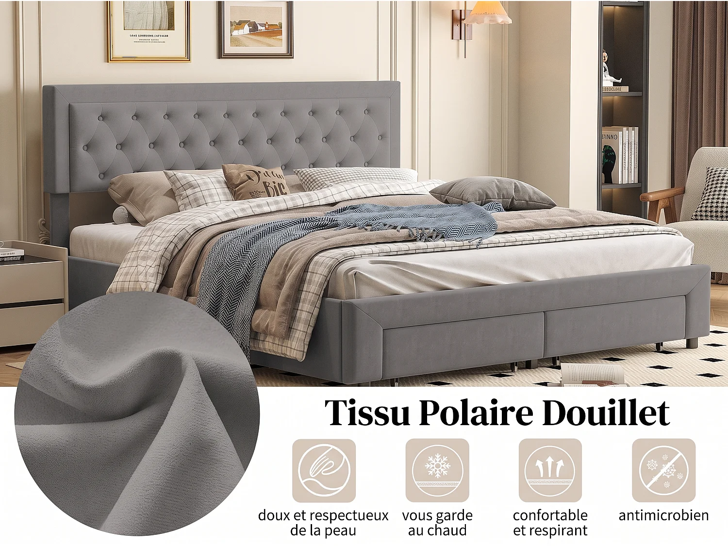 Lit 160 x 200 cm - NEXU - Lit adulte avec sommier à lattes et tiroirs de rangement - cadre de lit en tissu velours gris