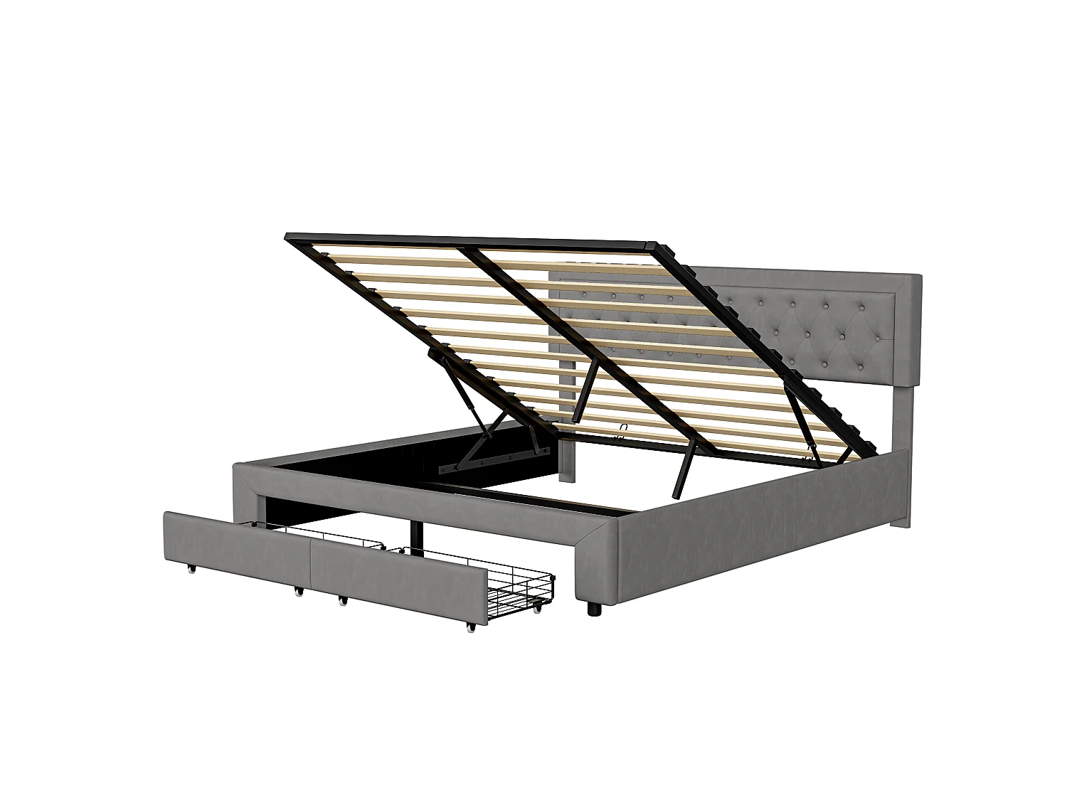 Lit 160 x 200 cm - NEXU - Lit adulte avec sommier à lattes et tiroirs de rangement - cadre de lit en tissu velours gris