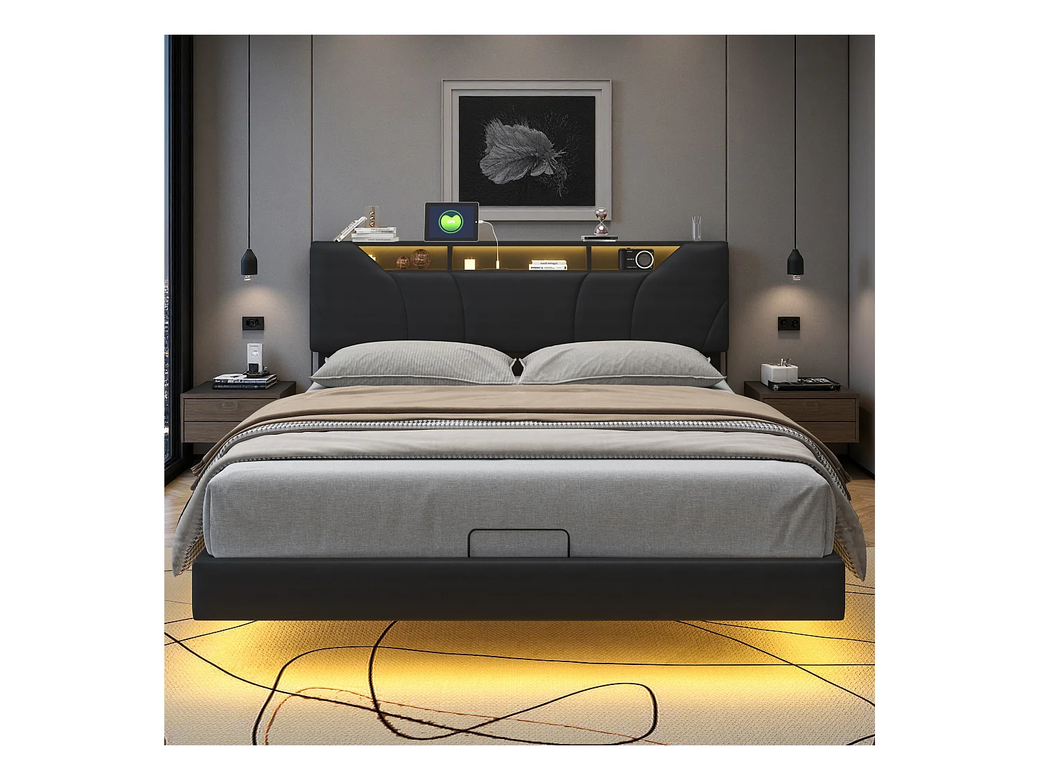 Lit adulte 160x200 cm - NEXU - lit flottant 160x200 cm avec LED et USB - cadre de lit double 160x200 cm avec coffre et sommier à lattes - tissu en PU - noir
