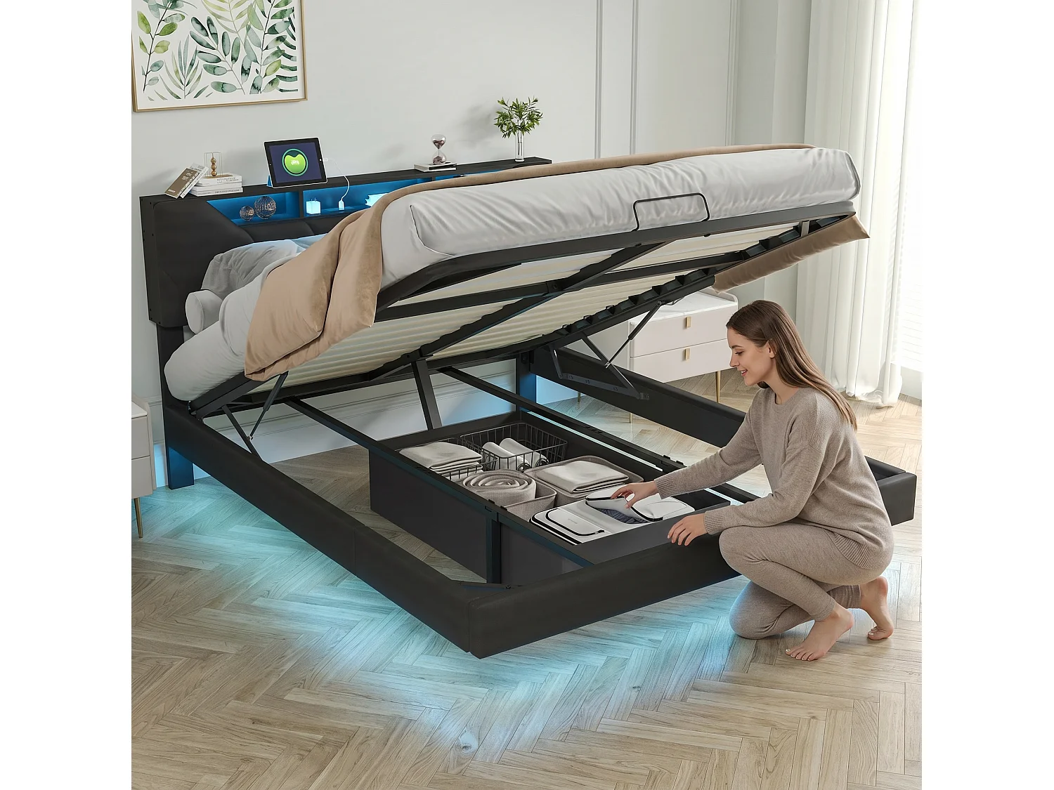 NEXU Lit coffre flottant 160x200 cm avec sommier à lattes, LED et ports de charge, revêtement en PU noir
