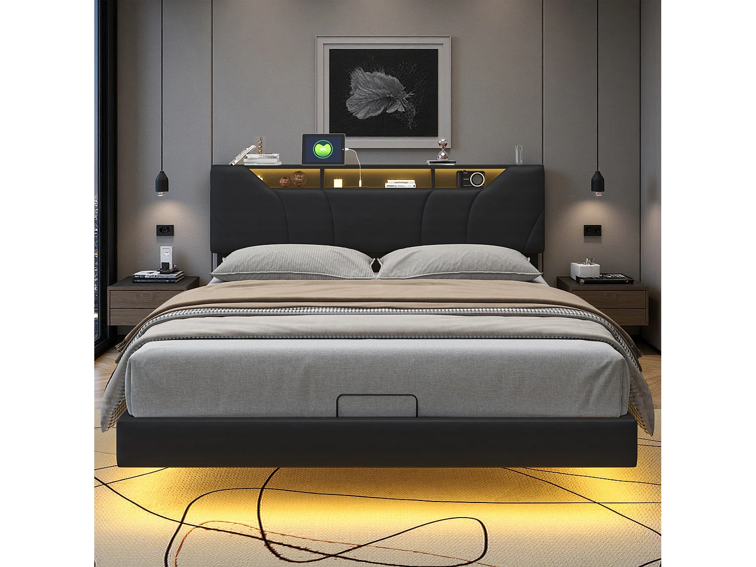 NEXU Lit coffre flottant 160x200 cm avec sommier à lattes, LED et ports de charge, revêtement en PU noir