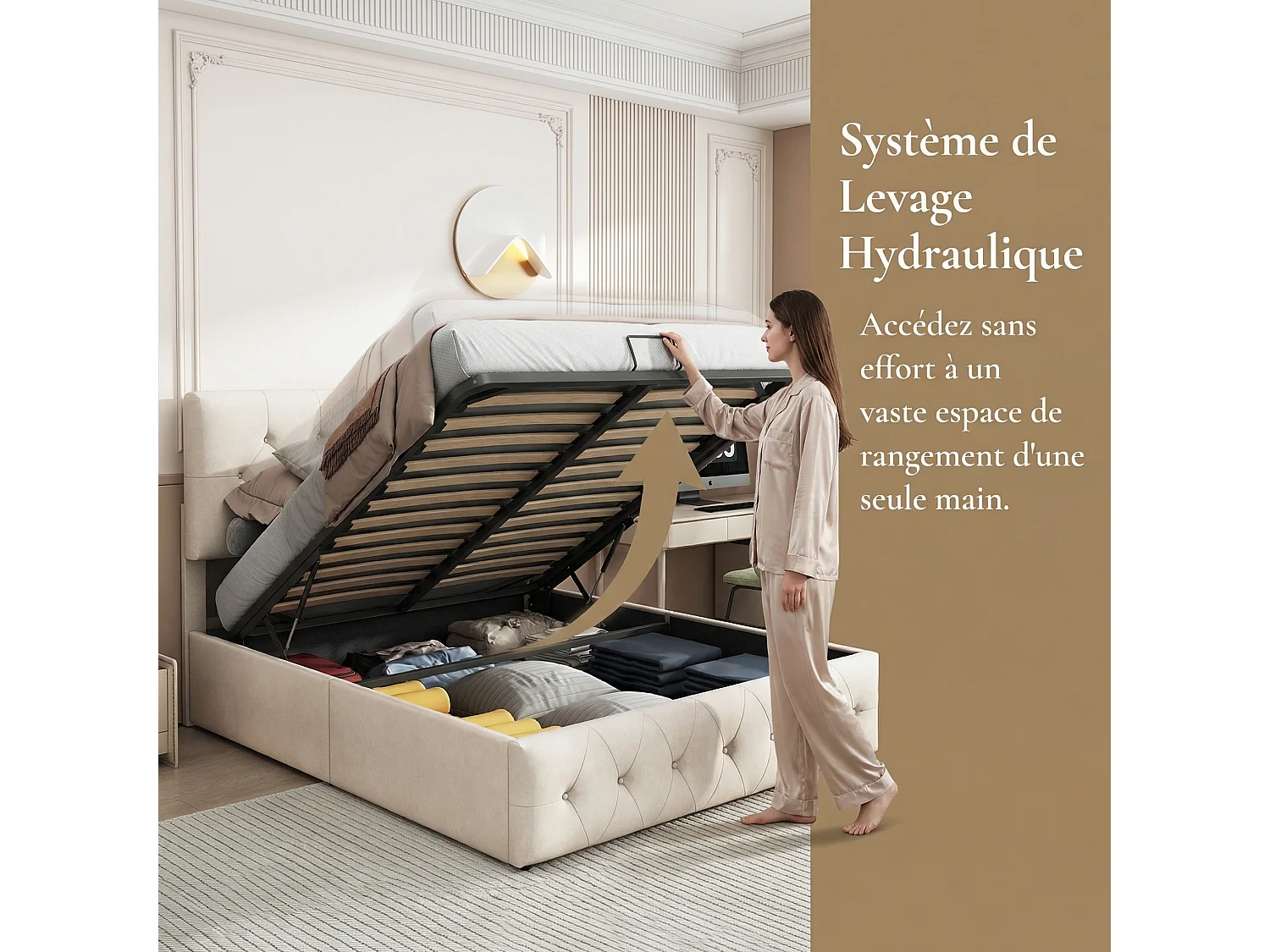 Lit coffre 160 x 200 cm avec sommier à lattes – Éclairage LED et revêtement en velours beige – NEXU