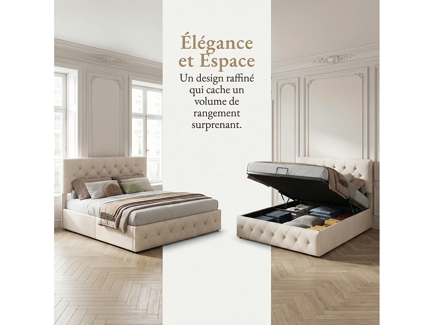 Lit coffre 160 x 200 cm avec sommier à lattes – Éclairage LED et revêtement en velours beige – NEXU