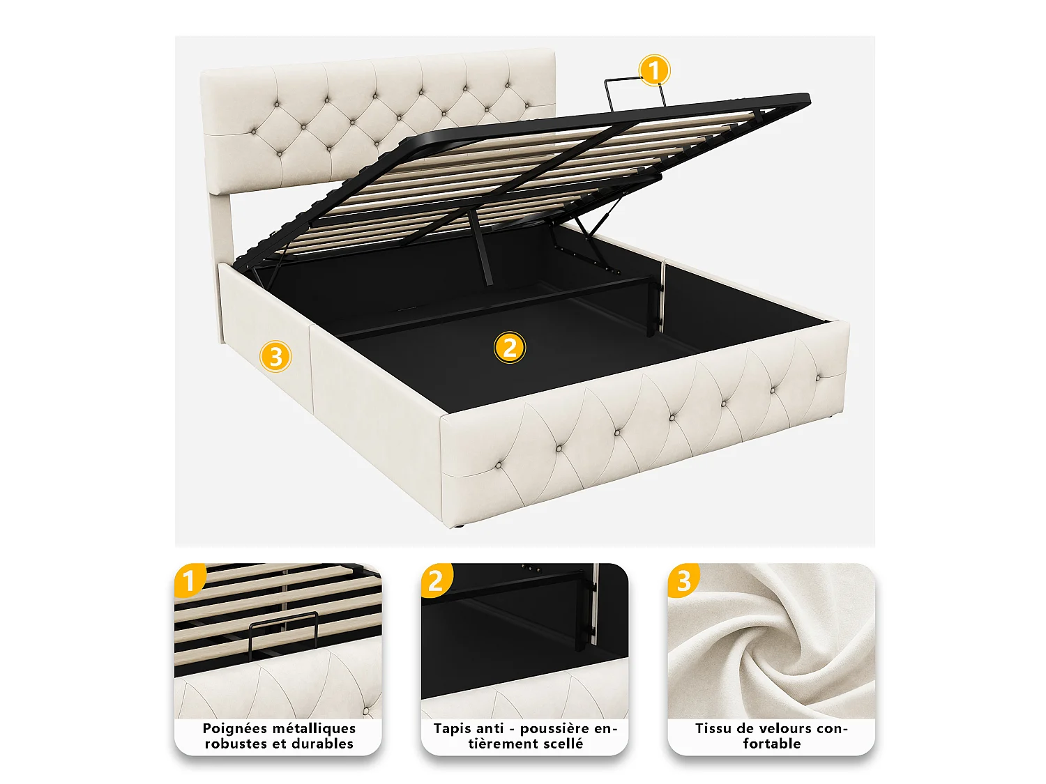Lit coffre 160 x 200 cm avec sommier à lattes – Éclairage LED et revêtement en velours beige – NEXU