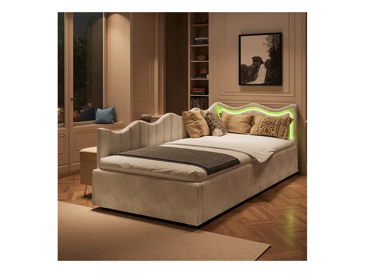 Lit simple 90x200 cm - NEXU - lit enfant 90x200 cm avec LED - lit coffre 90x200 cm avec sommier à lattes - tissu en velours - blanc cassé