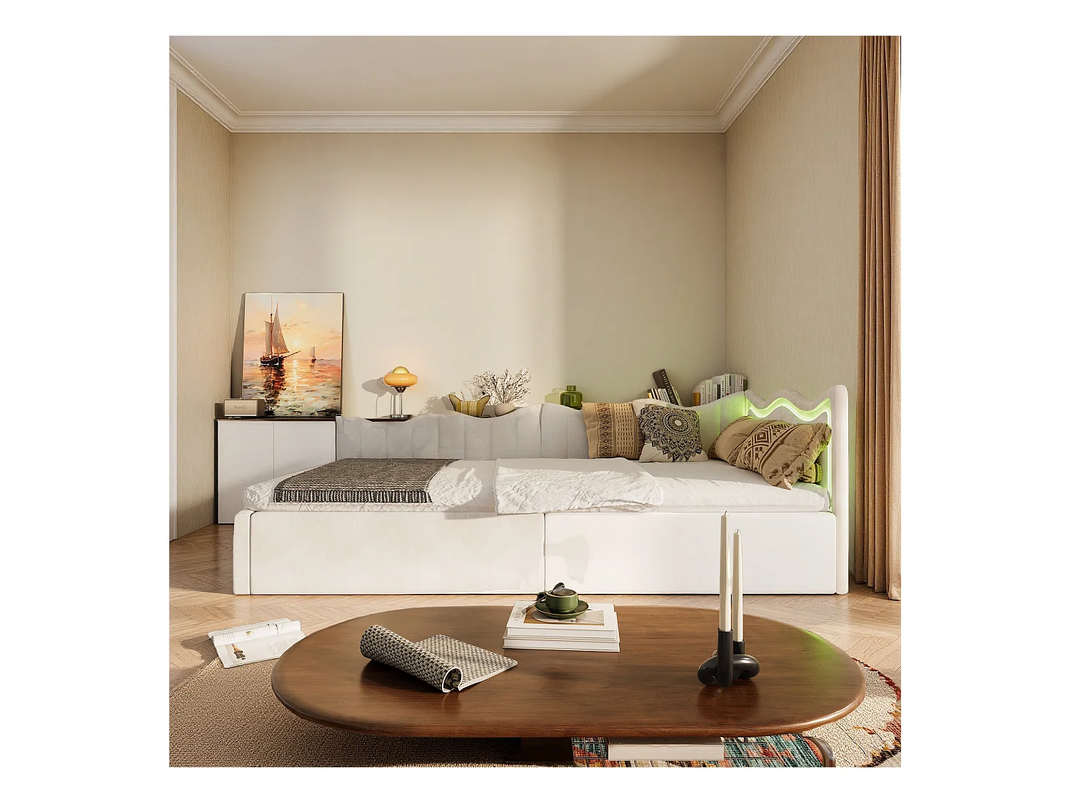 Lit simple 90x200 cm - NEXU - lit enfant 90x200 cm avec LED - lit coffre 90x200 cm avec sommier à lattes - tissu en velours - blanc cassé