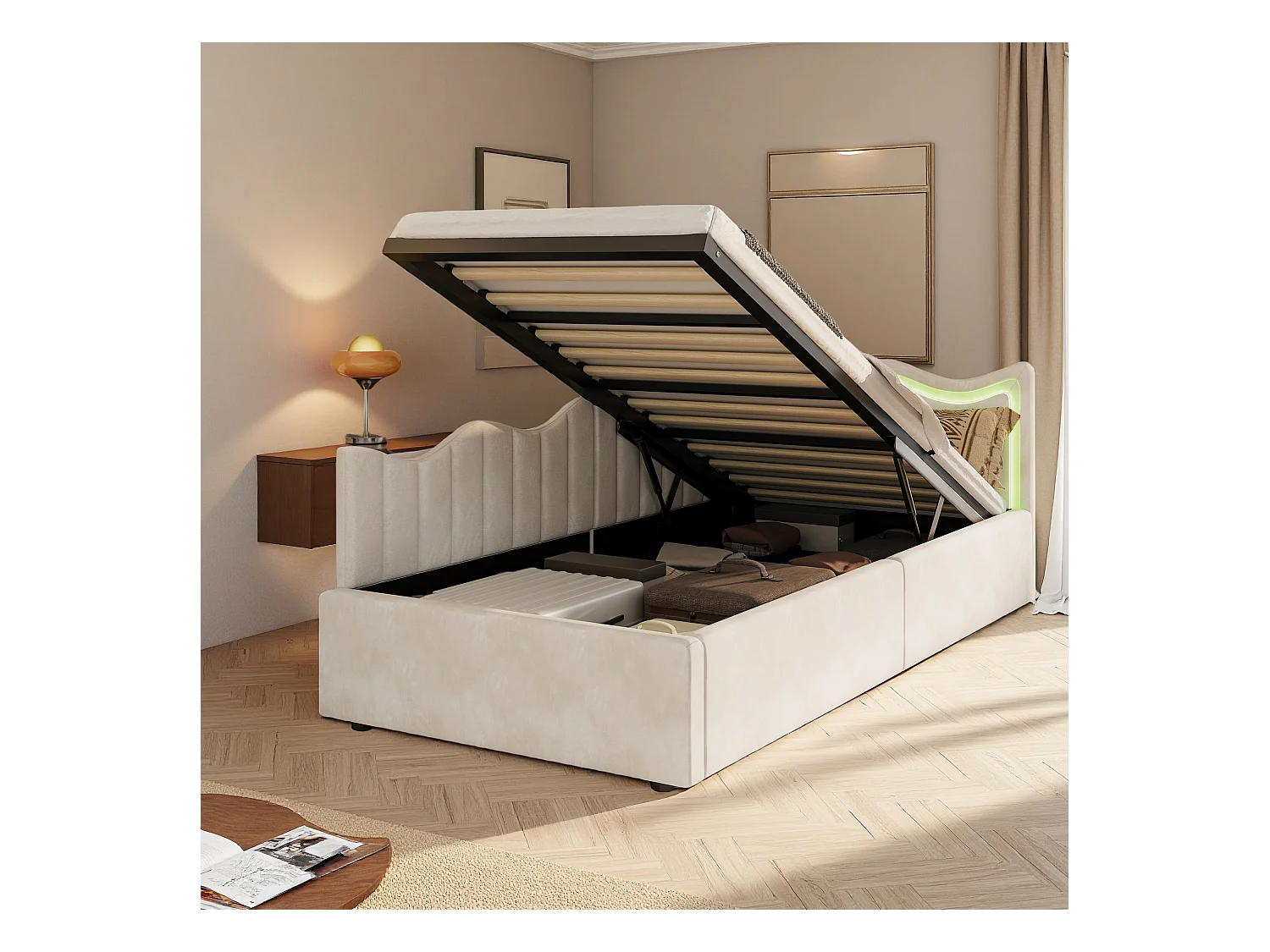 Lit simple 90x200 cm - NEXU - lit enfant 90x200 cm avec LED - lit coffre 90x200 cm avec sommier à lattes - tissu en velours - blanc cassé