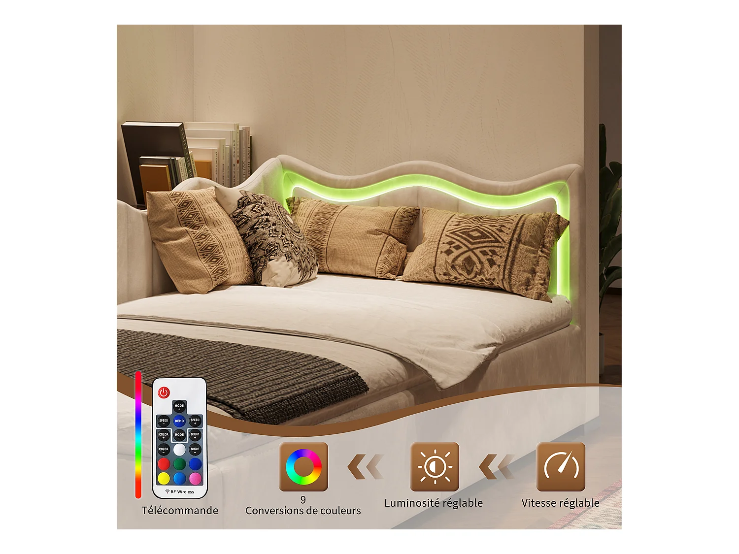 Lit simple 90x200 cm - NEXU - lit enfant 90x200 cm avec LED - lit coffre 90x200 cm avec sommier à lattes - tissu en velours - blanc cassé