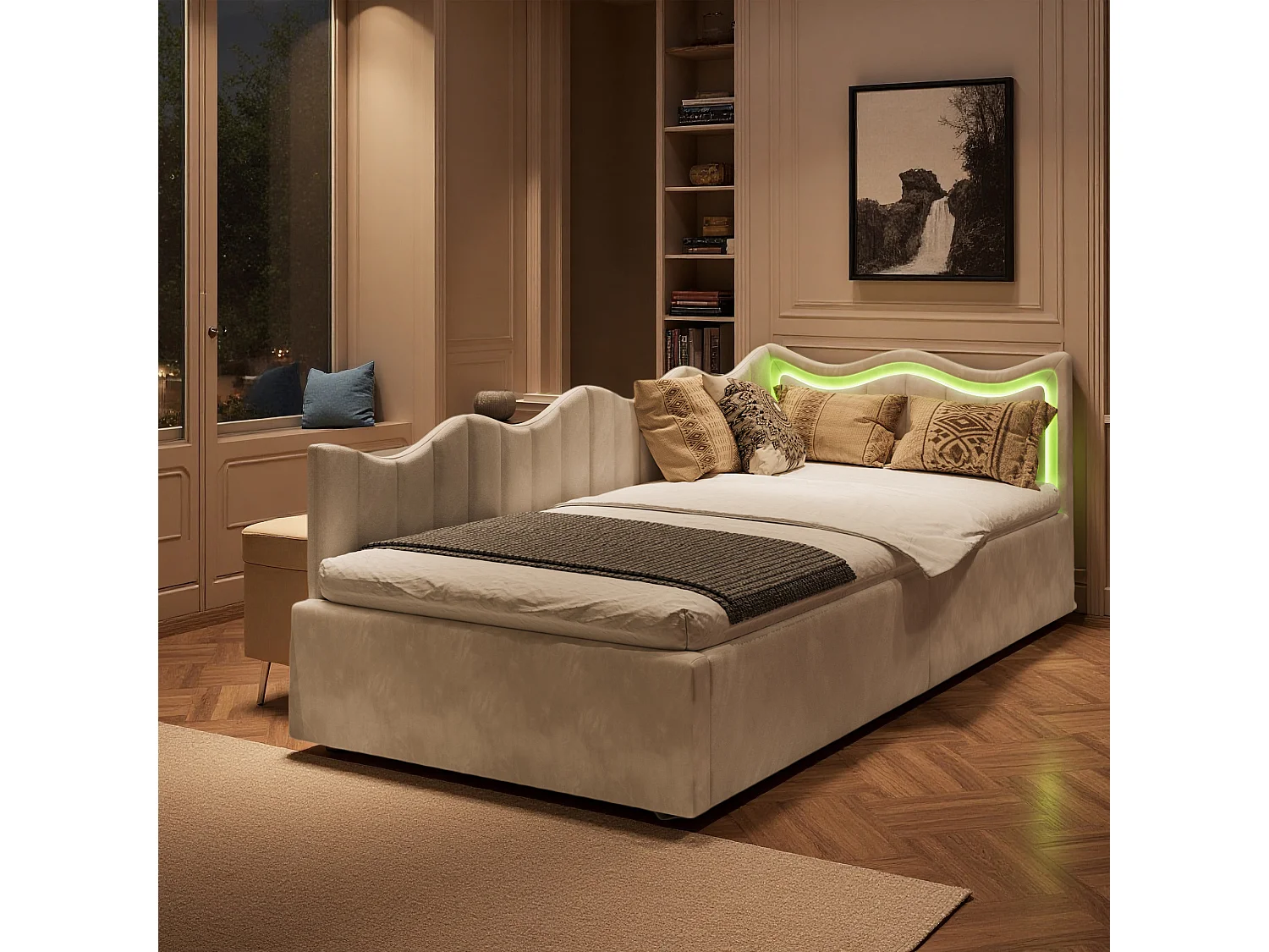 Lit simple 90x200 cm - NEXU - lit enfant 90x200 cm avec LED - lit coffre 90x200 cm avec sommier à lattes - tissu en velours - blanc cassé