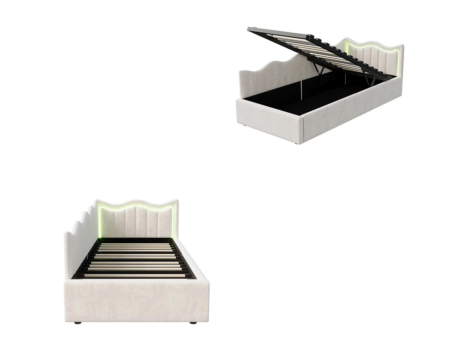 Lit simple 90x200 cm - NEXU - lit enfant 90x200 cm avec LED - lit coffre 90x200 cm avec sommier à lattes - tissu en velours - blanc cassé