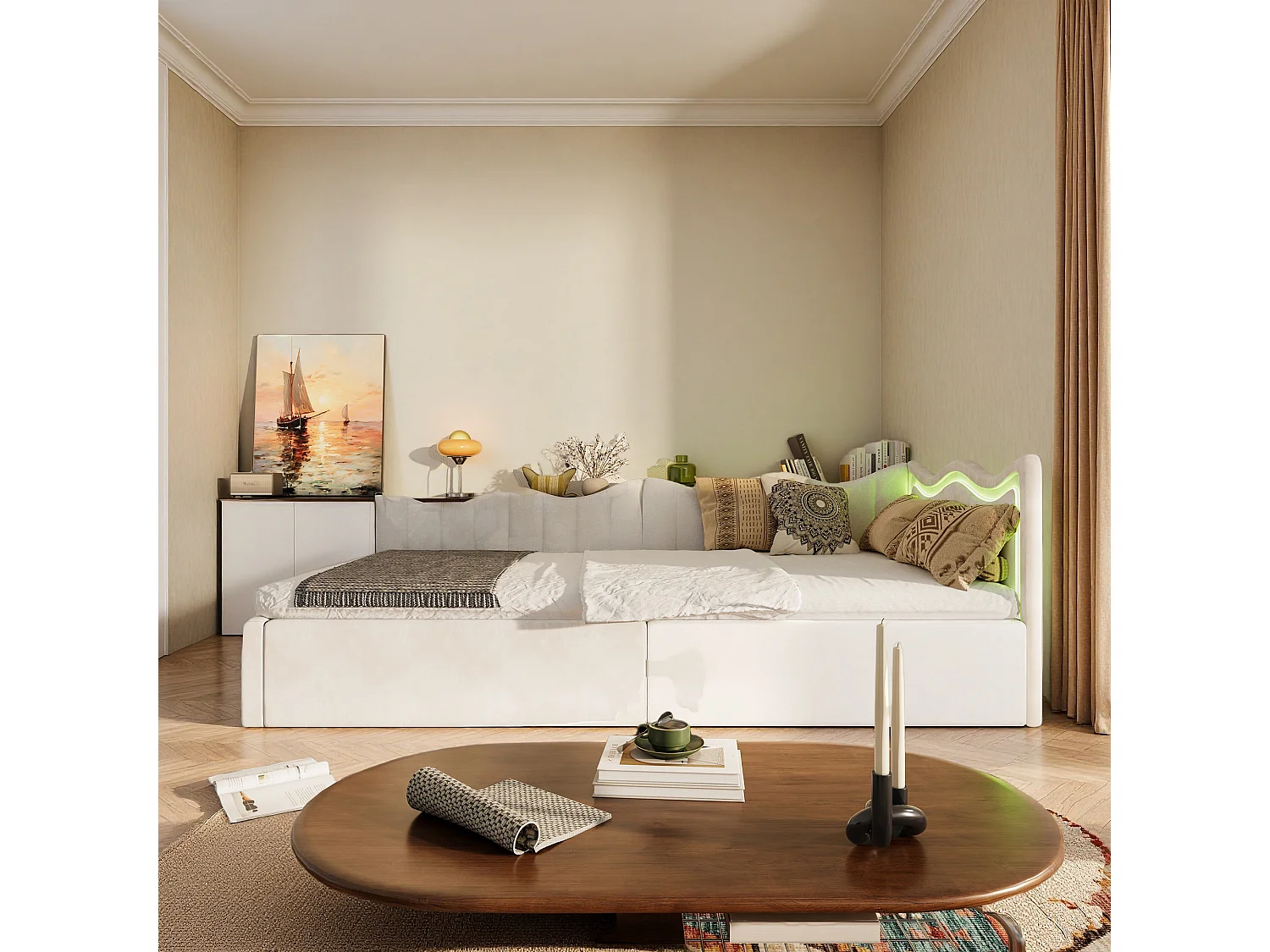 Lit enfant 90 x 200 cm - NEXU - Lit simple avec sommier à lattes, LED et rangement - tissu velours blanc cassé