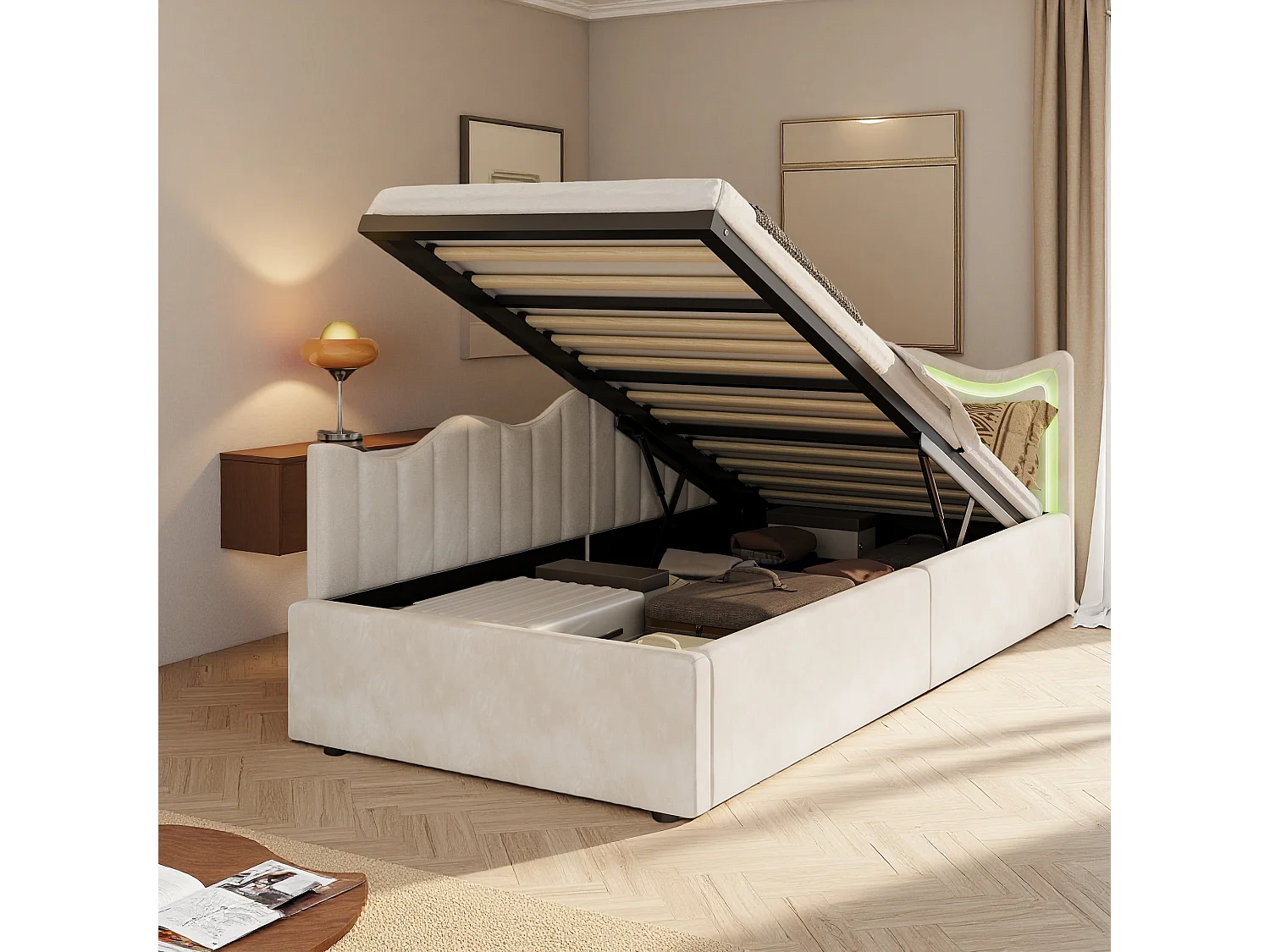 Lit enfant 90 x 200 cm - NEXU - Lit simple avec sommier à lattes, LED et rangement - tissu velours blanc cassé