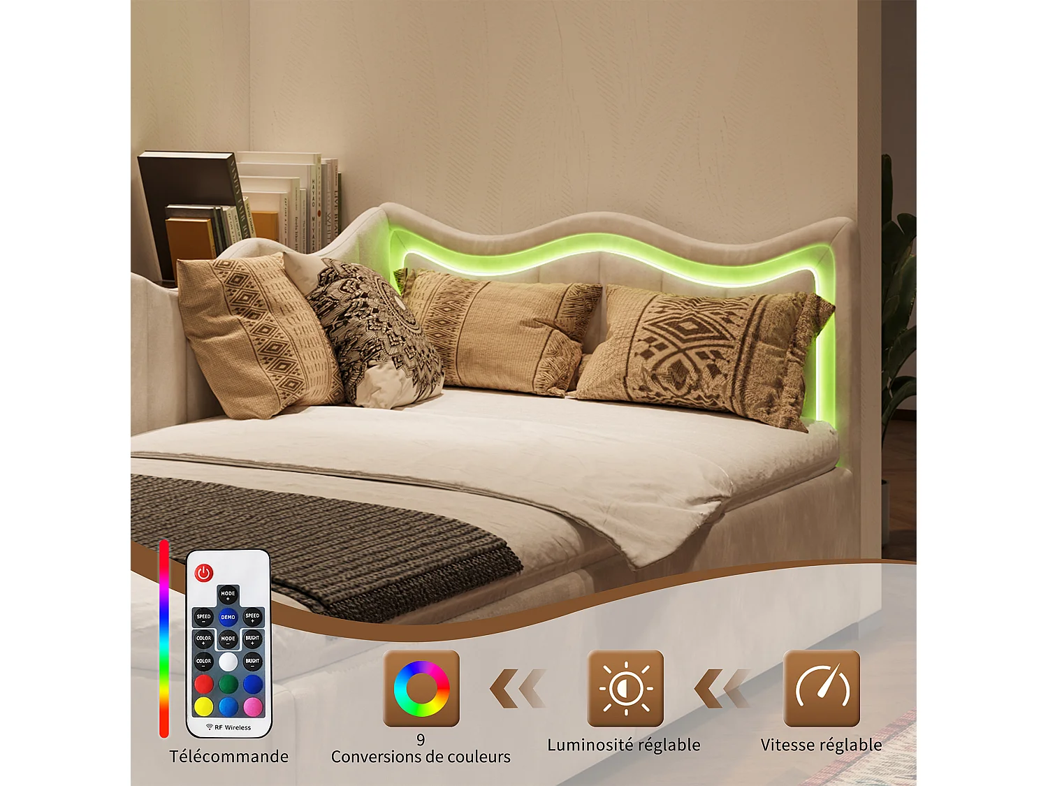 Lit enfant 90 x 200 cm - NEXU - Lit simple avec sommier à lattes, LED et rangement - tissu velours blanc cassé