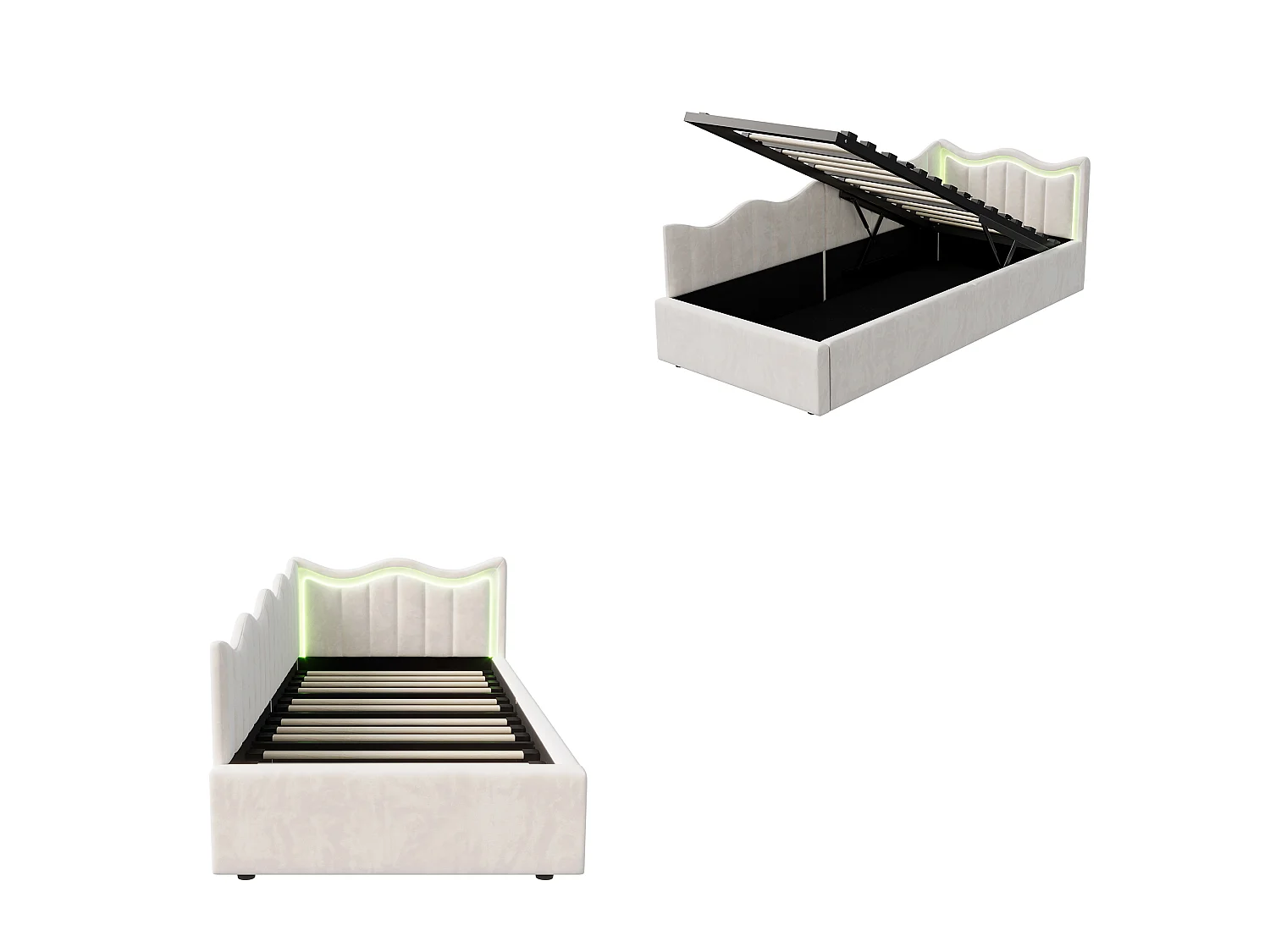 Lit enfant 90 x 200 cm - NEXU - Lit simple avec sommier à lattes, LED et rangement - tissu velours blanc cassé