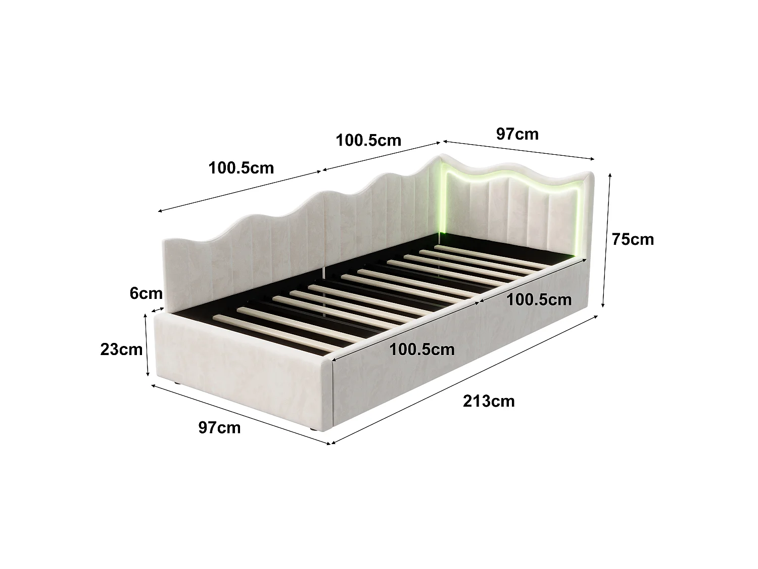Lit enfant 90 x 200 cm - NEXU - Lit simple avec sommier à lattes, LED et rangement - tissu velours blanc cassé