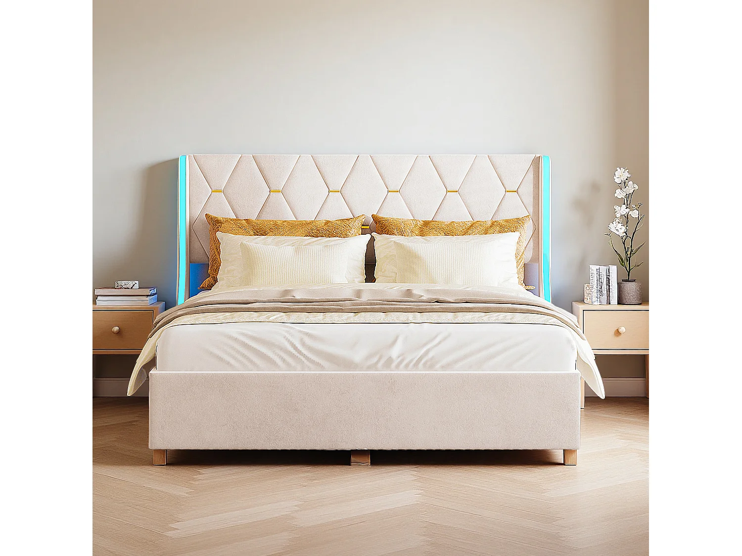 Lit 140x190 cm - NEXU - lit adulte 140x190 cm avec LED et USB - tissu en velours - cadre de lit coffre 140x190 cm avec sommier à lattes - beige