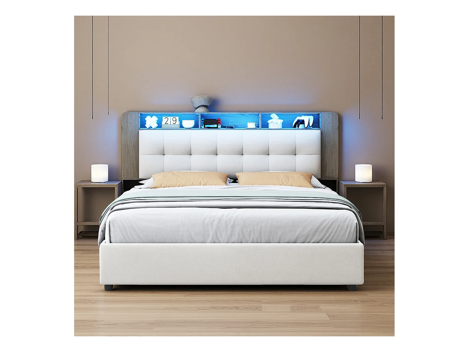 Lit 140x200 cm - NEXU - Led - Chargement sans fil - lit 140x200 cm tissu en velours - cadre de lit coffre 140x200 cm - blanc cassé