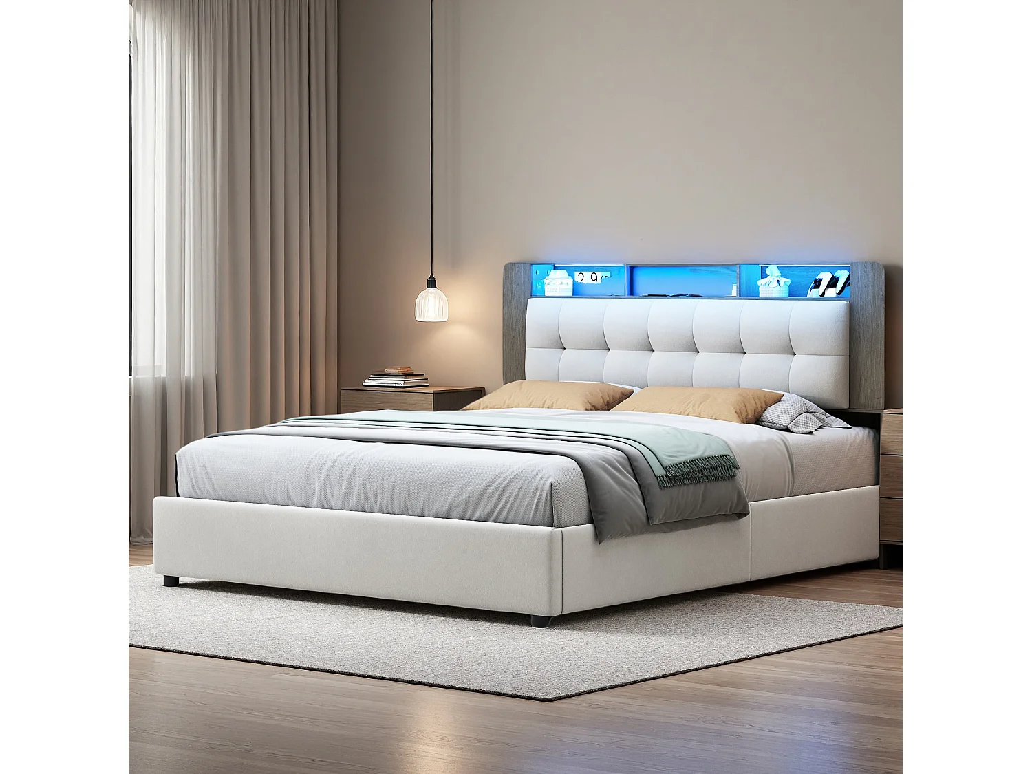 Lit 140x200 cm - NEXU - Led - Chargement sans fil - lit 140x200 cm tissu en velours - cadre de lit coffre 140x200 cm - blanc cassé