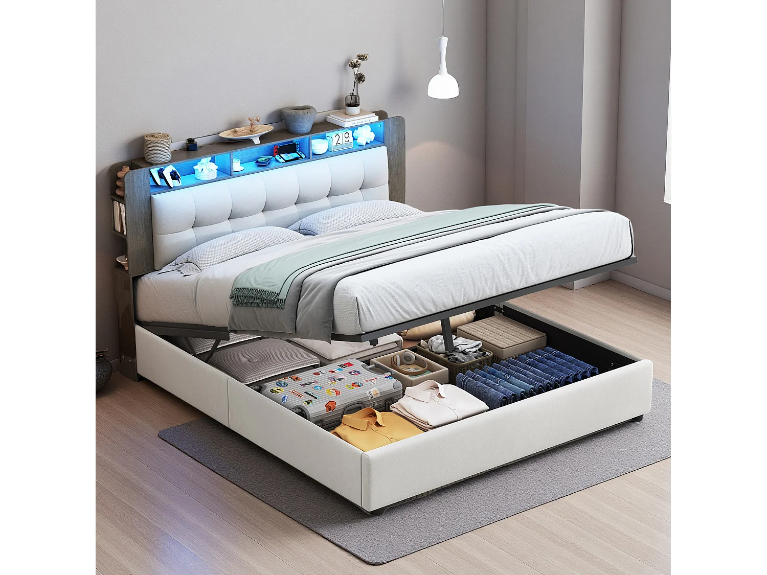 Lit 140x200 cm - NEXU - Led - Chargement sans fil - lit 140x200 cm tissu en velours - cadre de lit coffre 140x200 cm - blanc cassé