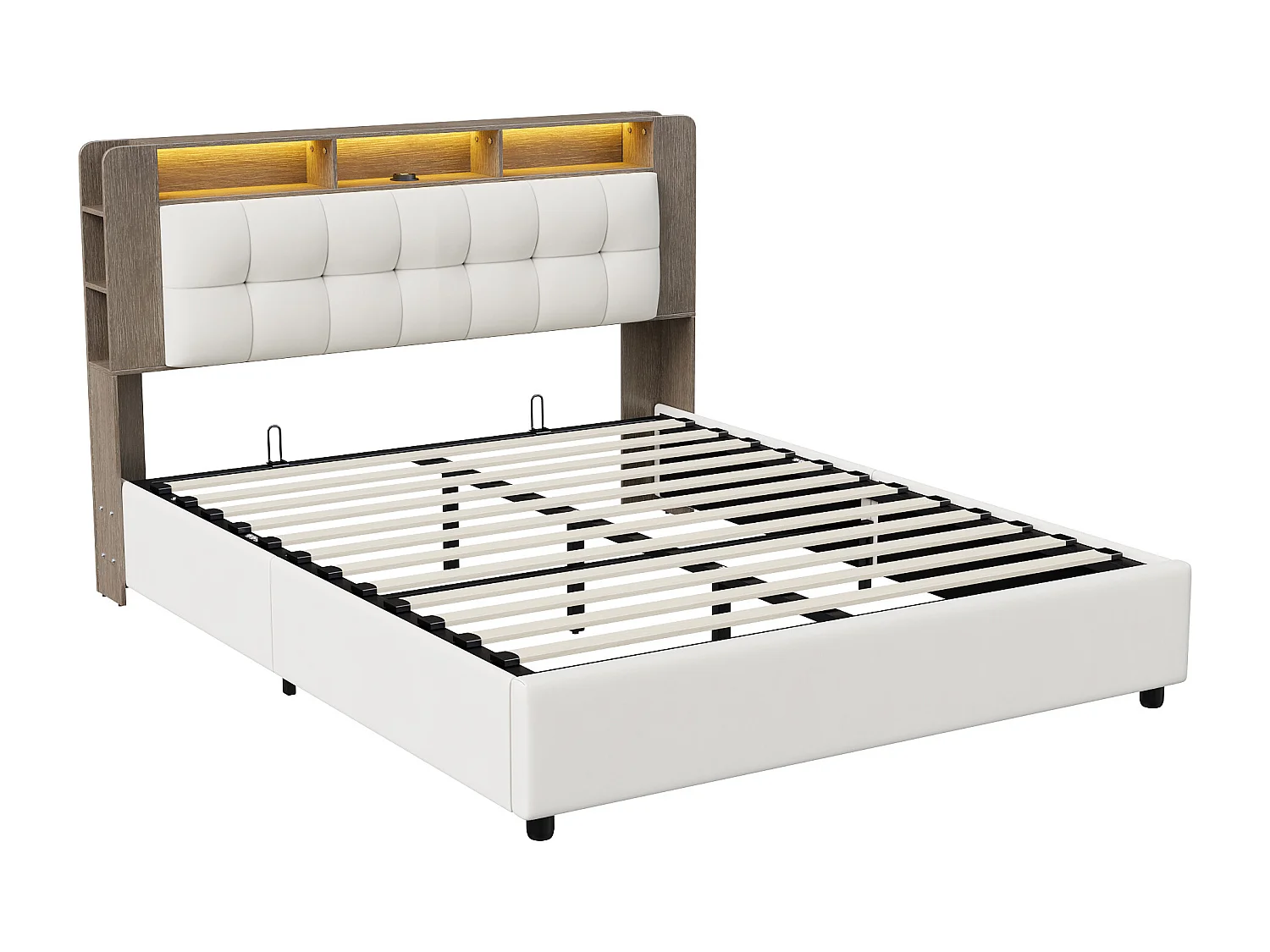 Lit 140x200 cm - NEXU - Led - Chargement sans fil - lit 140x200 cm tissu en velours - cadre de lit coffre 140x200 cm - blanc cassé