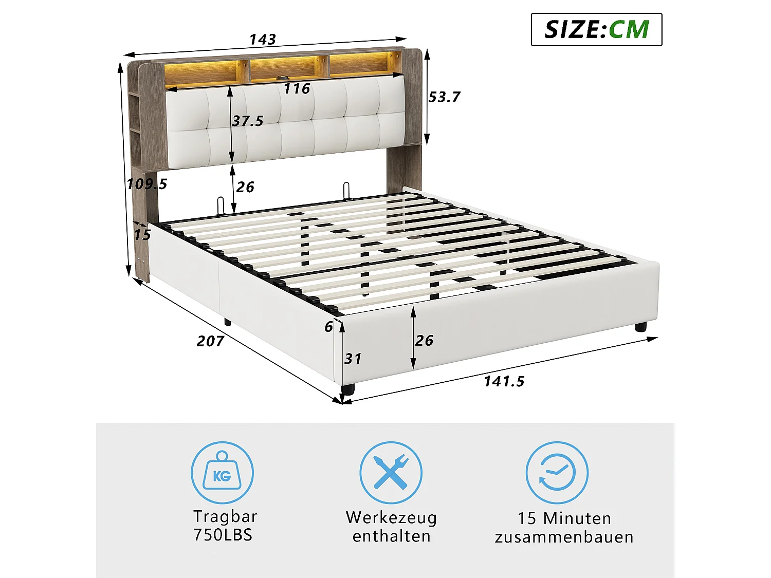 Lit coffre 140 x 200 cm - NEXU - avec LED et chargeur sans fil - Lit double avec sommier à lattes - tissu velours blanc cassé