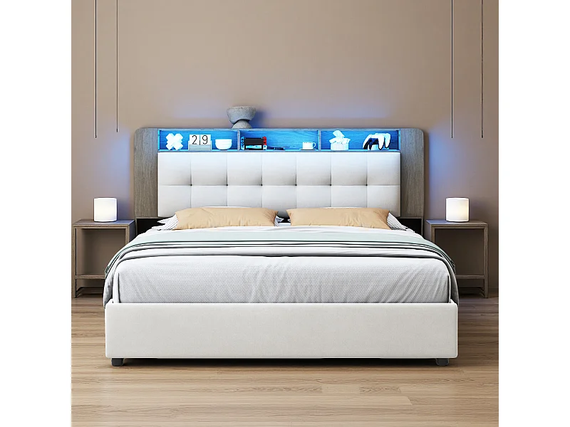 Lit 140x200 cm - NEXU - Led - Chargement sans fil - lit 140x200 cm tissu en velours - cadre de lit coffre 140x200 cm - blanc cassé