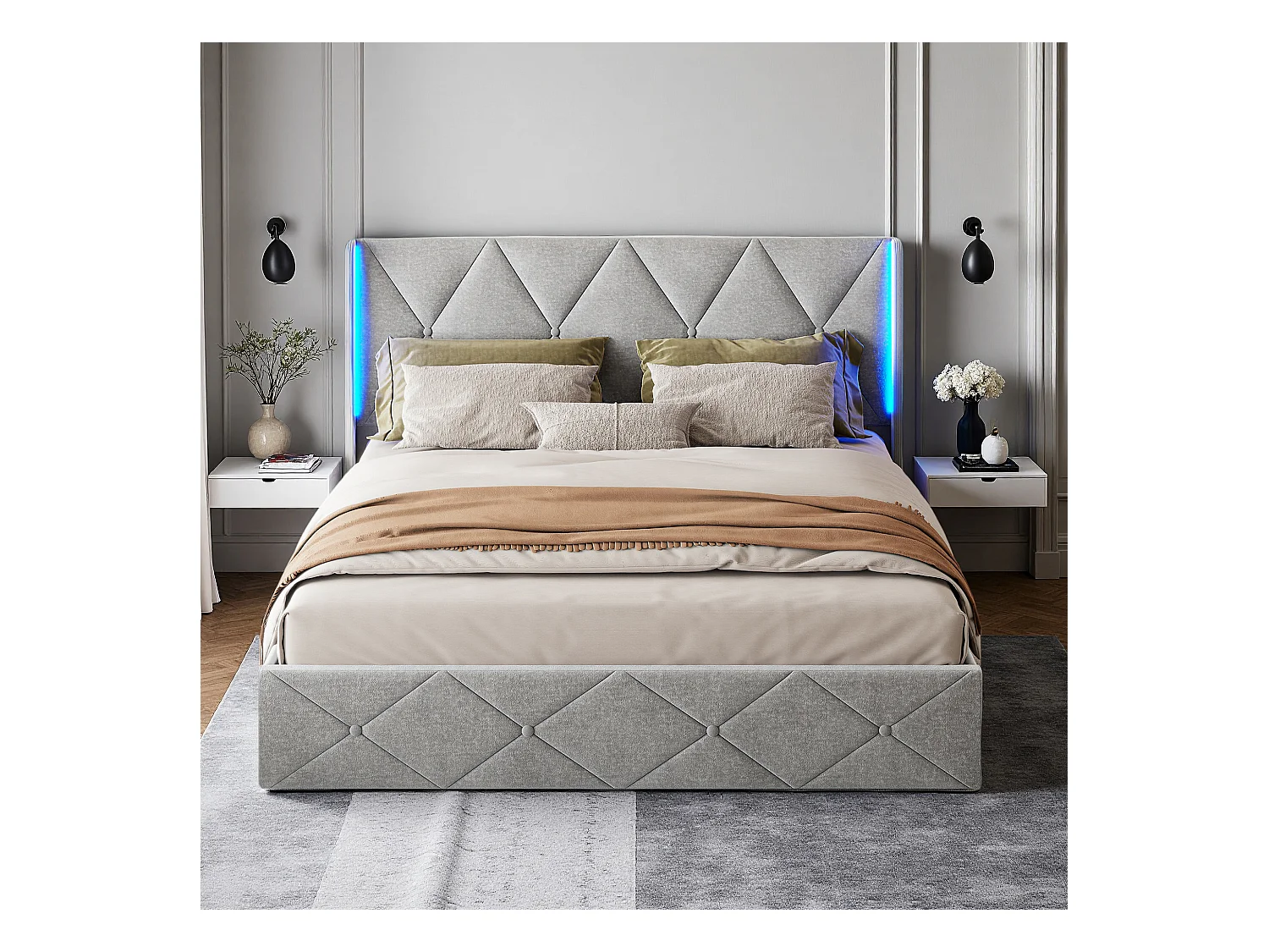 Lit 160x200 cm -  NEXU - lit coffre 160x200 cm avec LED - cadre de lit adulte 160x200 cm avec sommier à lattes - tissu en velours - gris