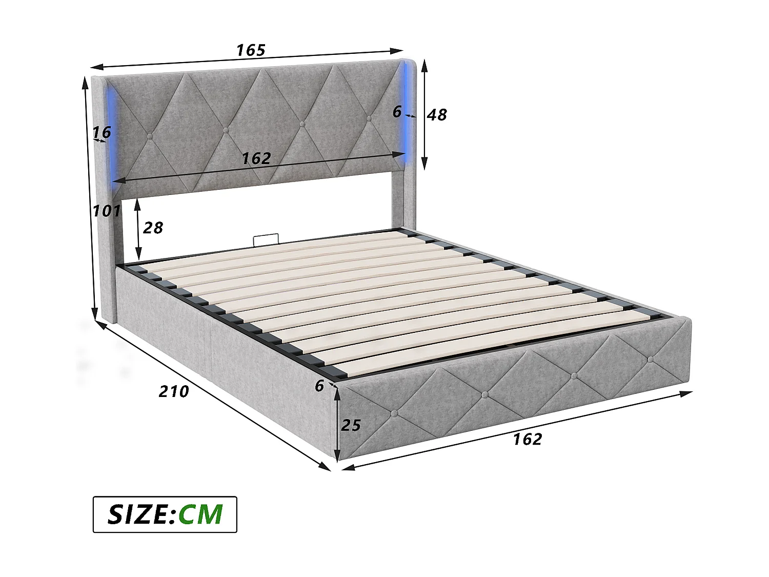Lit 160x200 cm -  NEXU - lit coffre 160x200 cm avec LED - cadre de lit adulte 160x200 cm avec sommier à lattes - tissu en velours - gris