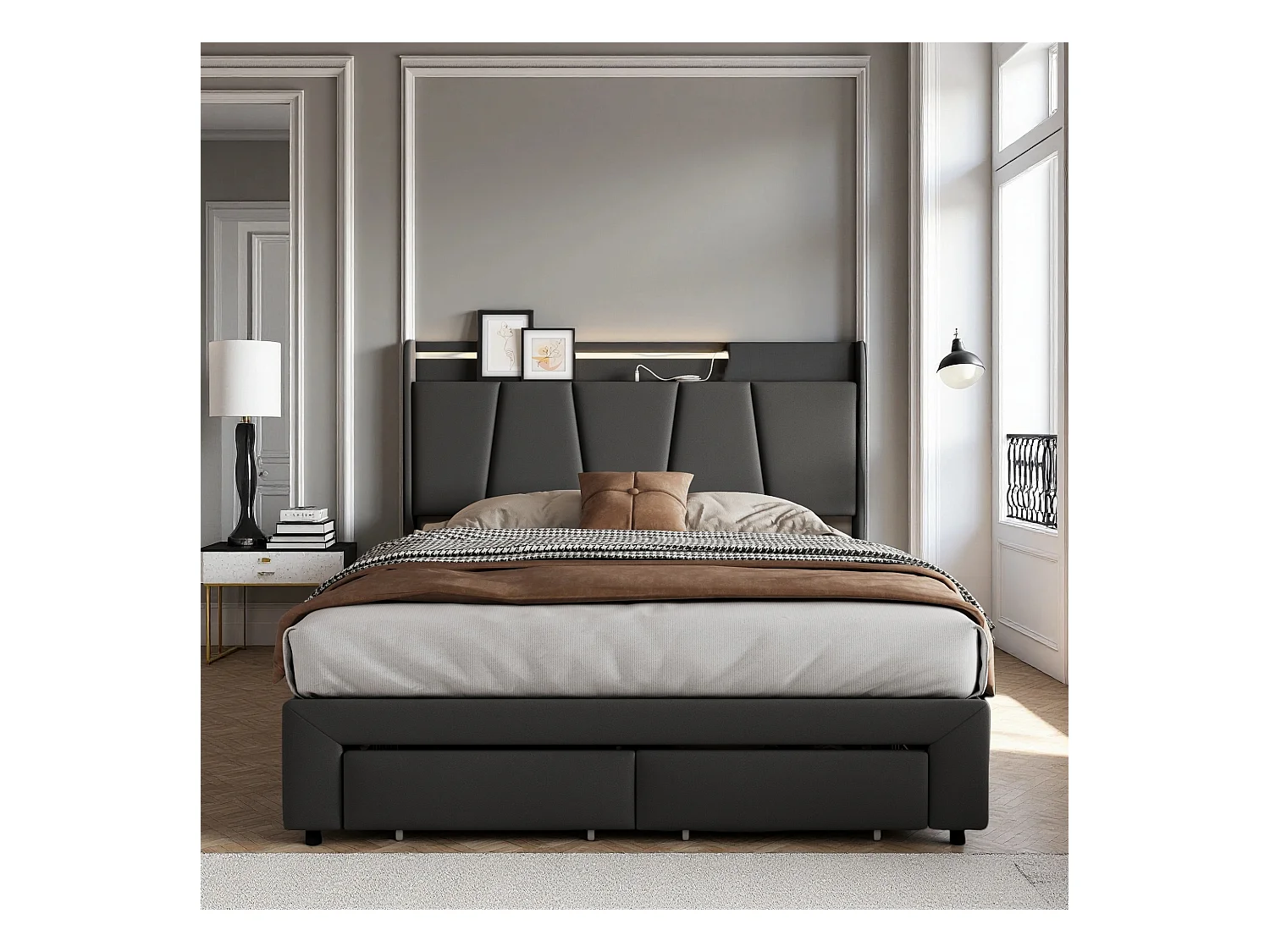 Lit 140x190 cm - NEXU - lit double 140x190 cm avec LED RGB - lit tiroir 140x190 cm - lit coffre 140x190 cm - tissu en lin - gris
