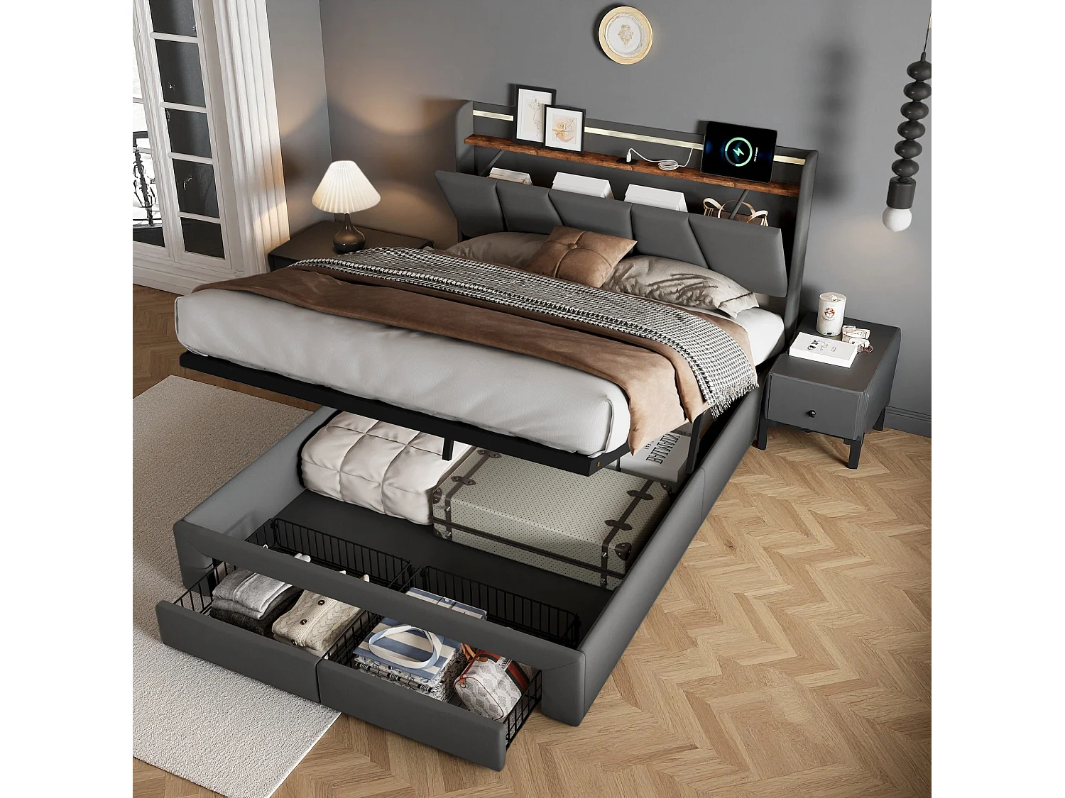 Lit double 140 x 190 cm - NEXU - avec LED RGB, tiroirs de rangement et sommier à lattes - tissu effet lin gris