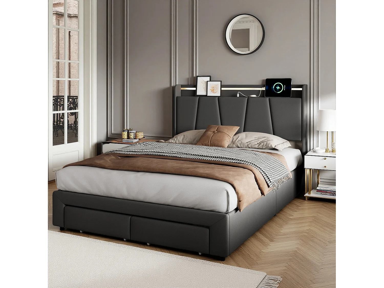 Lit double 140 x 190 cm - NEXU - avec LED RGB, tiroirs de rangement et sommier à lattes - tissu effet lin gris