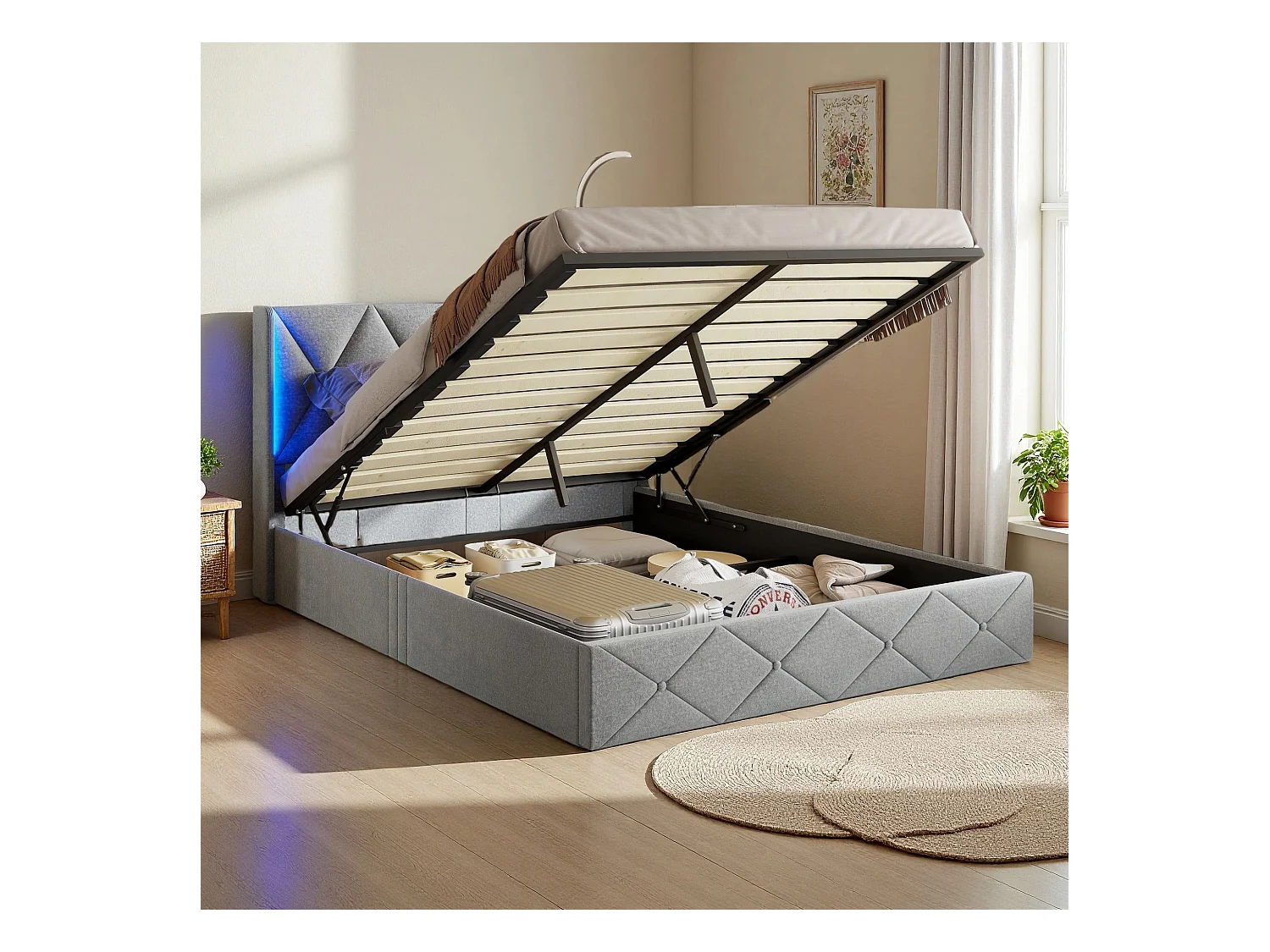 Lit 160x200 cm - NEXU - LED - sommier à lattes - tissu en velours -  cadre de lit coffre 160x200 cm - gris glace