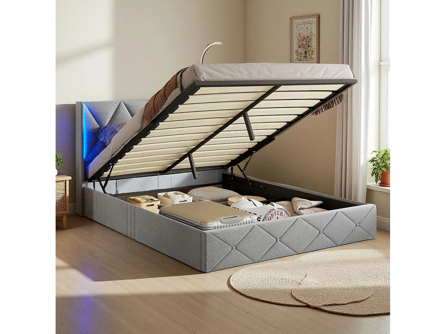 Lit 160x200 cm - NEXU - LED - sommier à lattes - tissu en velours -  cadre de lit coffre 160x200 cm - gris glace