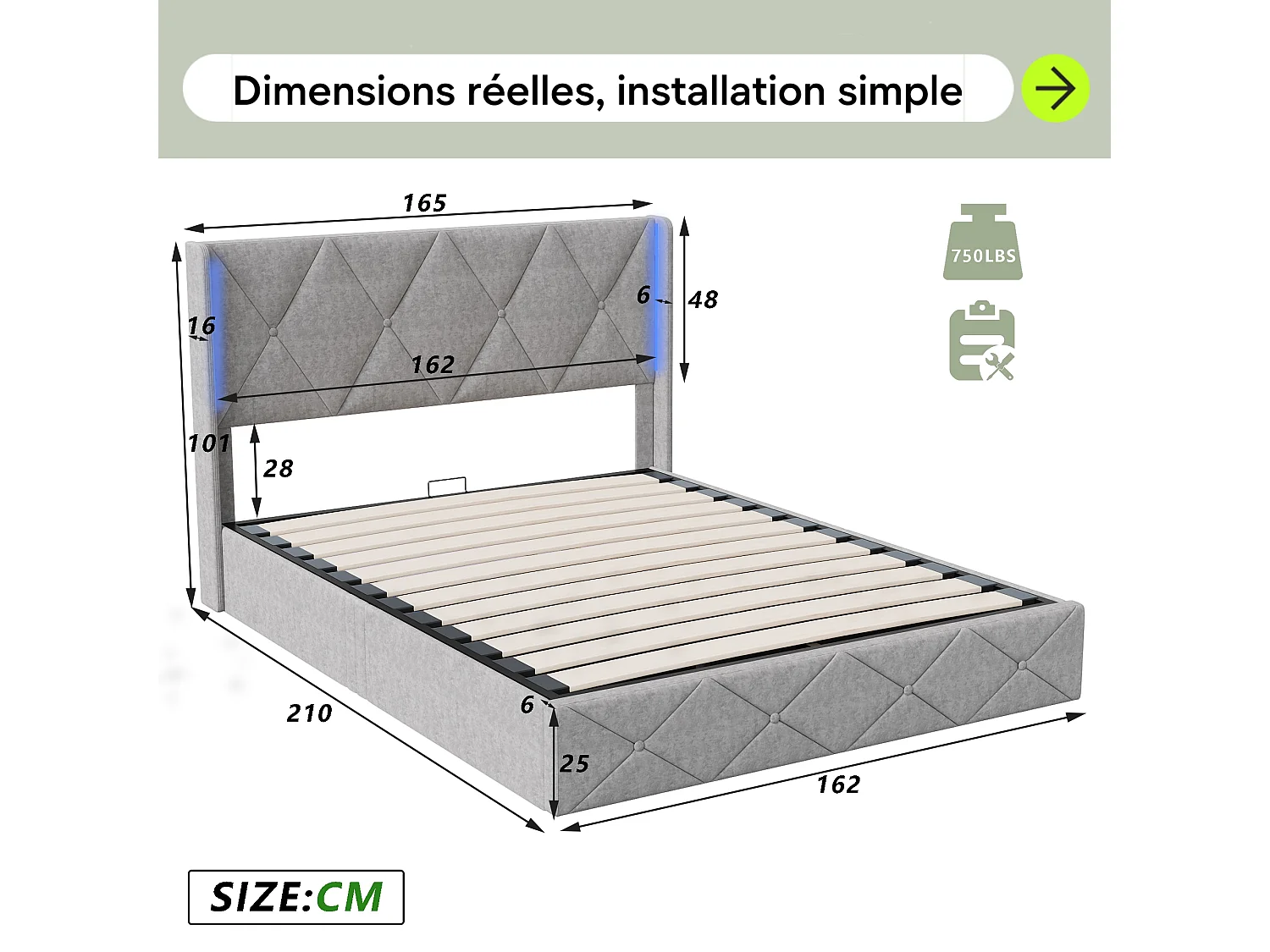 Lit 160x200 cm - NEXU - LED - sommier à lattes - tissu en velours -  cadre de lit coffre 160x200 cm - gris glace