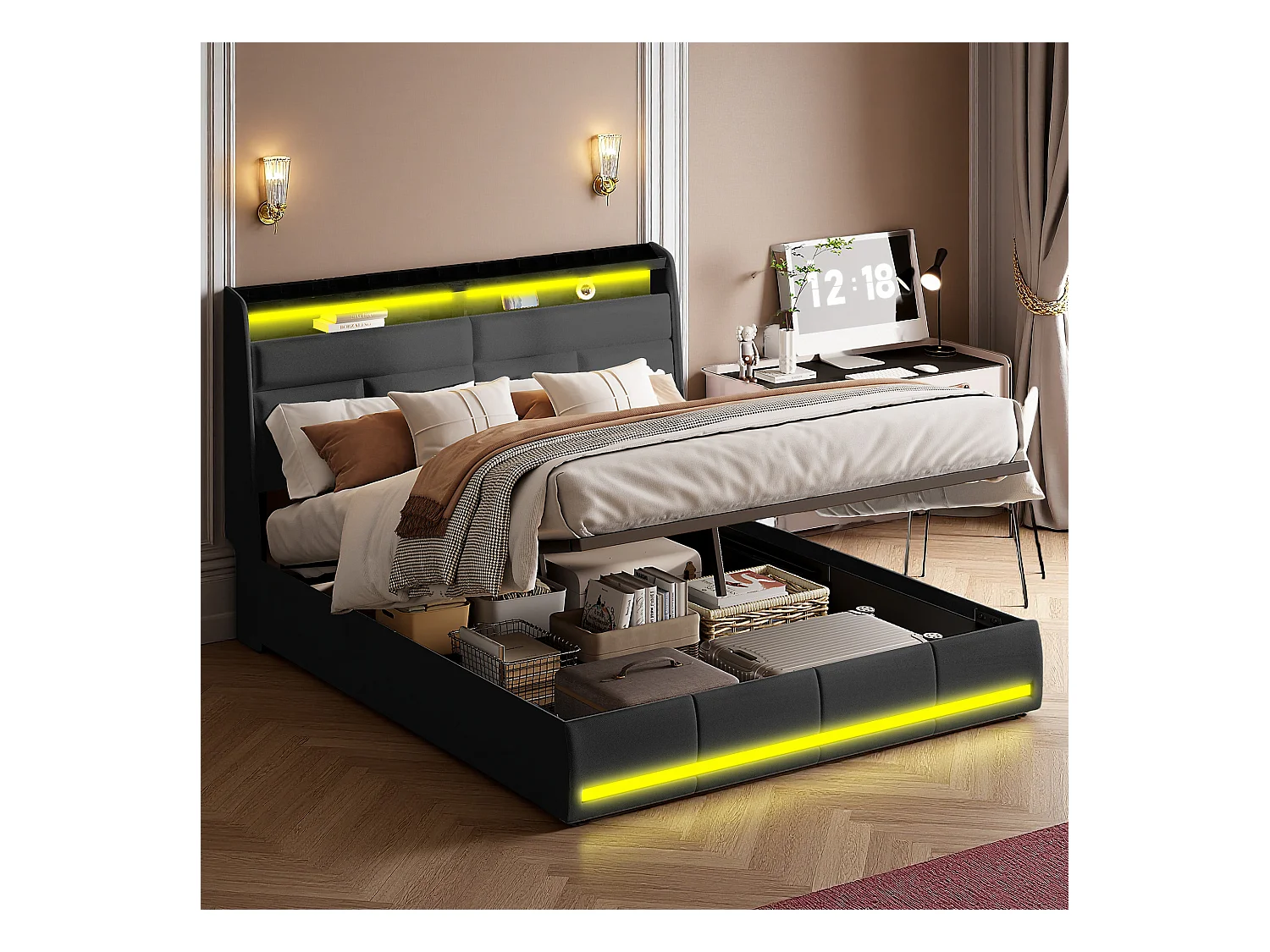 Lit 160x200 cm - NEXU - lit coffre 160x200 cm avec LED - lit adulte 160x200 cm avec sommier à lattes - tissu en PU - noir