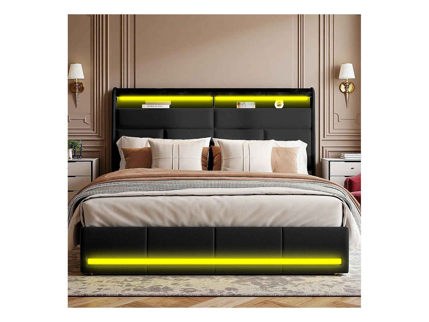 Lit 160x200 cm - NEXU - lit coffre 160x200 cm avec LED - lit adulte 160x200 cm avec sommier à lattes - tissu en PU - noir