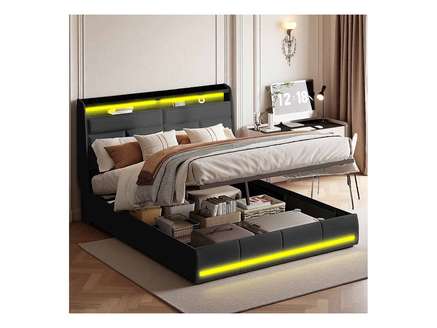 Lit 160x200 cm - NEXU - lit coffre 160x200 cm avec LED - lit adulte 160x200 cm avec sommier à lattes - tissu en PU - noir