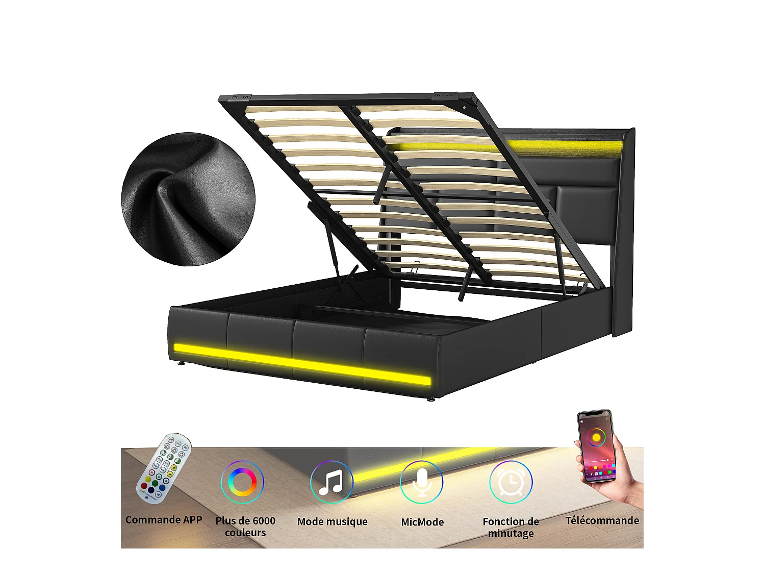 Lit 160x200 cm - NEXU - lit coffre 160x200 cm avec LED - lit adulte 160x200 cm avec sommier à lattes - tissu en PU - noir