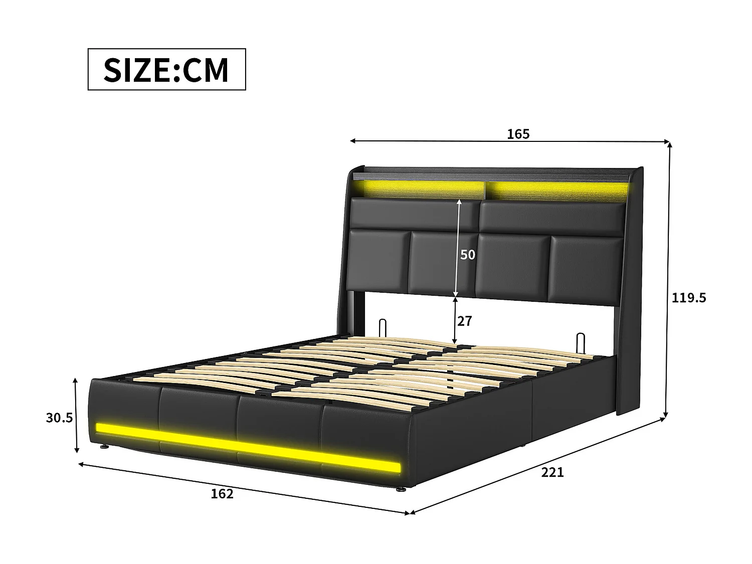 Lit 160x200 cm - NEXU - lit coffre 160x200 cm avec LED - lit adulte 160x200 cm avec sommier à lattes - tissu en PU - noir