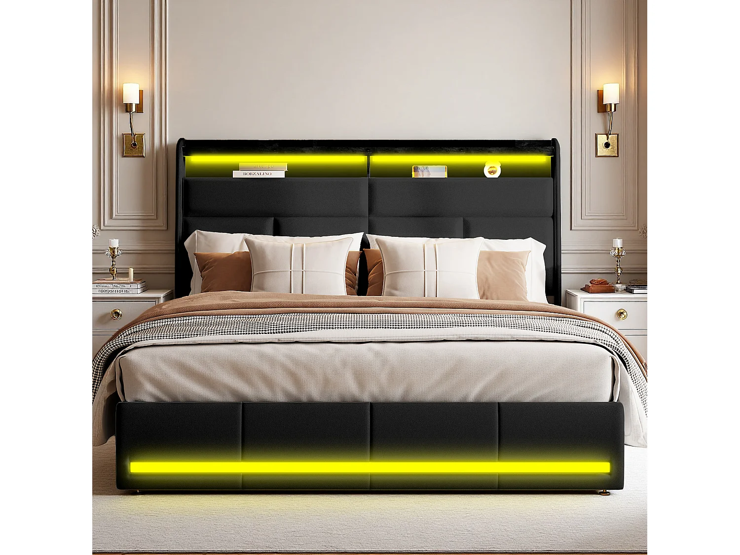 Lit 160x200 cm - NEXU - lit coffre 160x200 cm avec LED - lit adulte 160x200 cm avec sommier à lattes - tissu en PU - noir