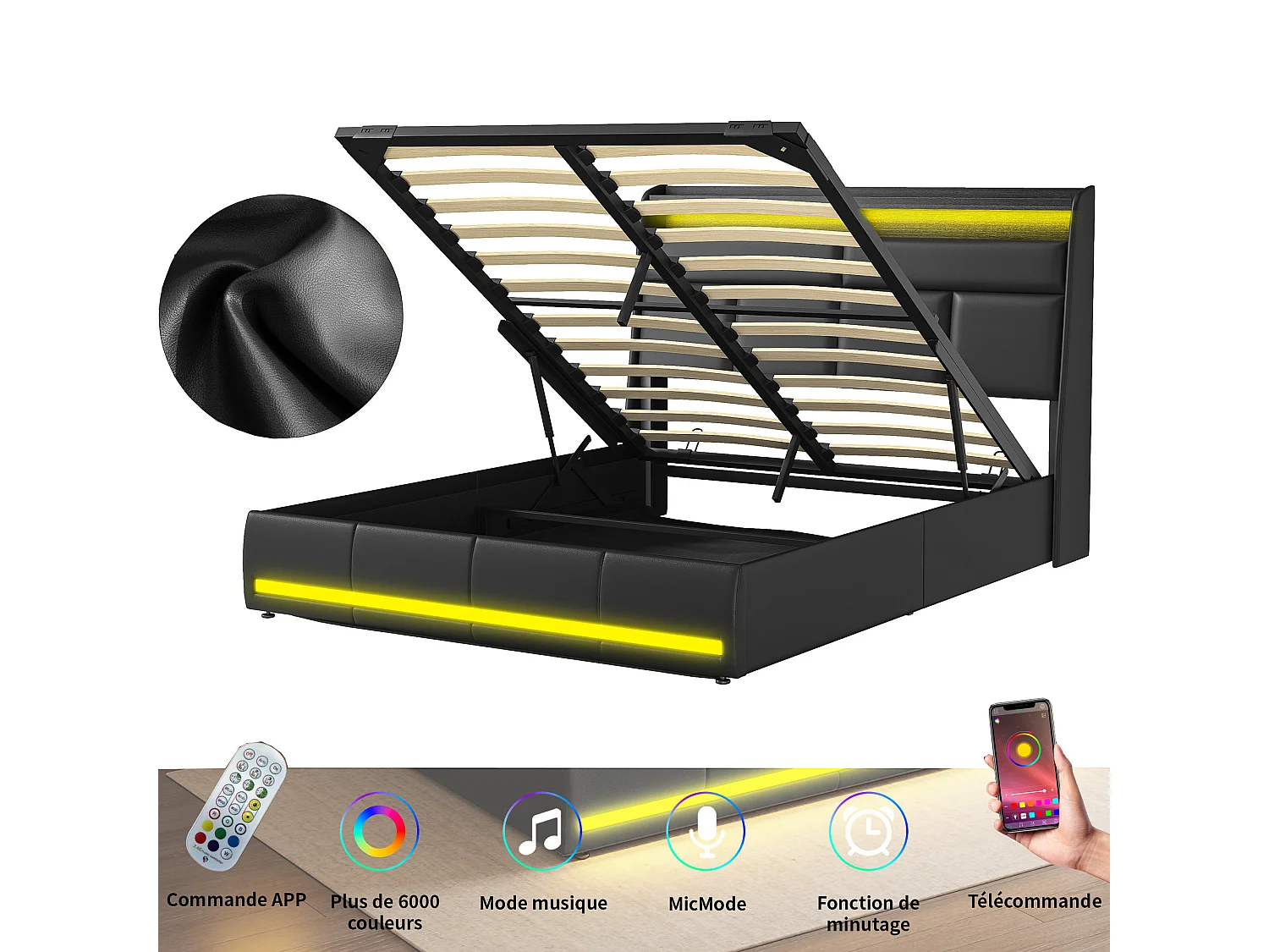 Lit 160x200 cm - NEXU - lit coffre 160x200 cm avec LED - lit adulte 160x200 cm avec sommier à lattes - tissu en PU - noir