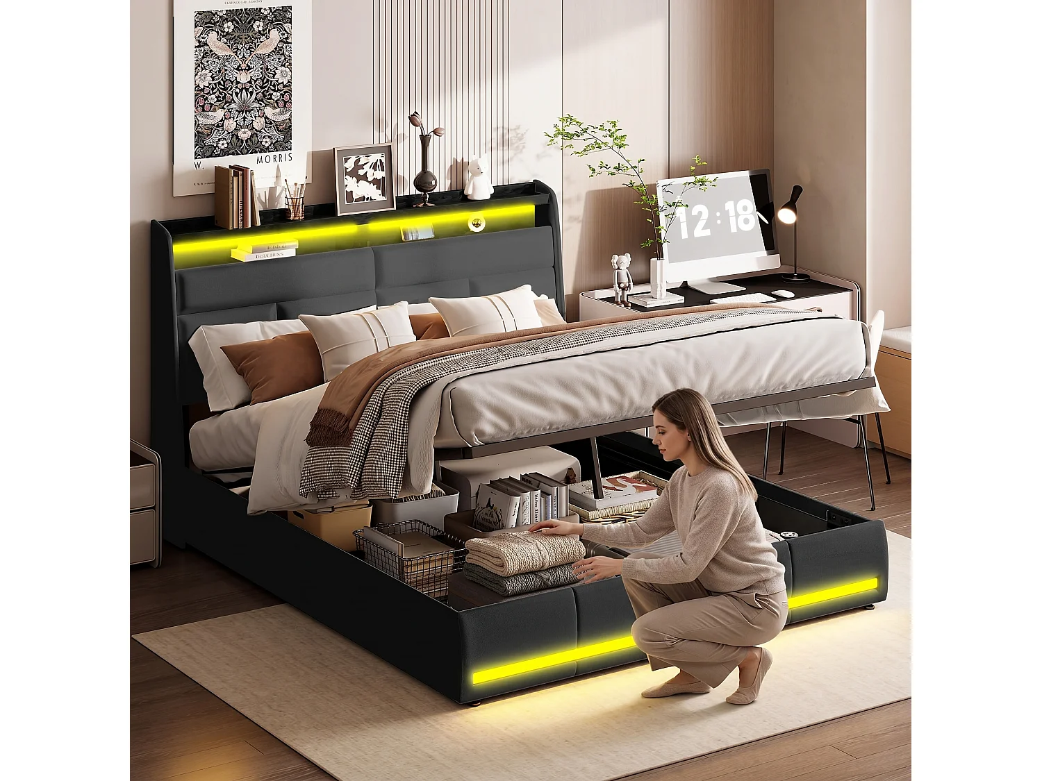 Lit coffre 160 x 200 cm - NEXU - Lit adulte avec sommier à lattes, LED et rangement - tissu PU noir