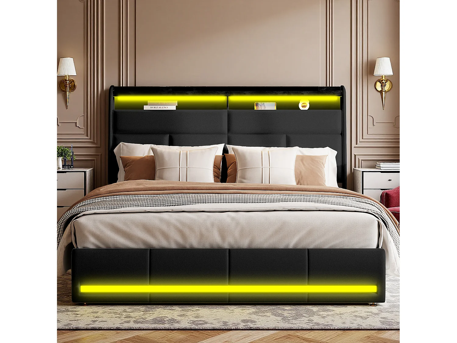 Lit coffre 160 x 200 cm - NEXU - Lit adulte avec sommier à lattes, LED et rangement - tissu PU noir