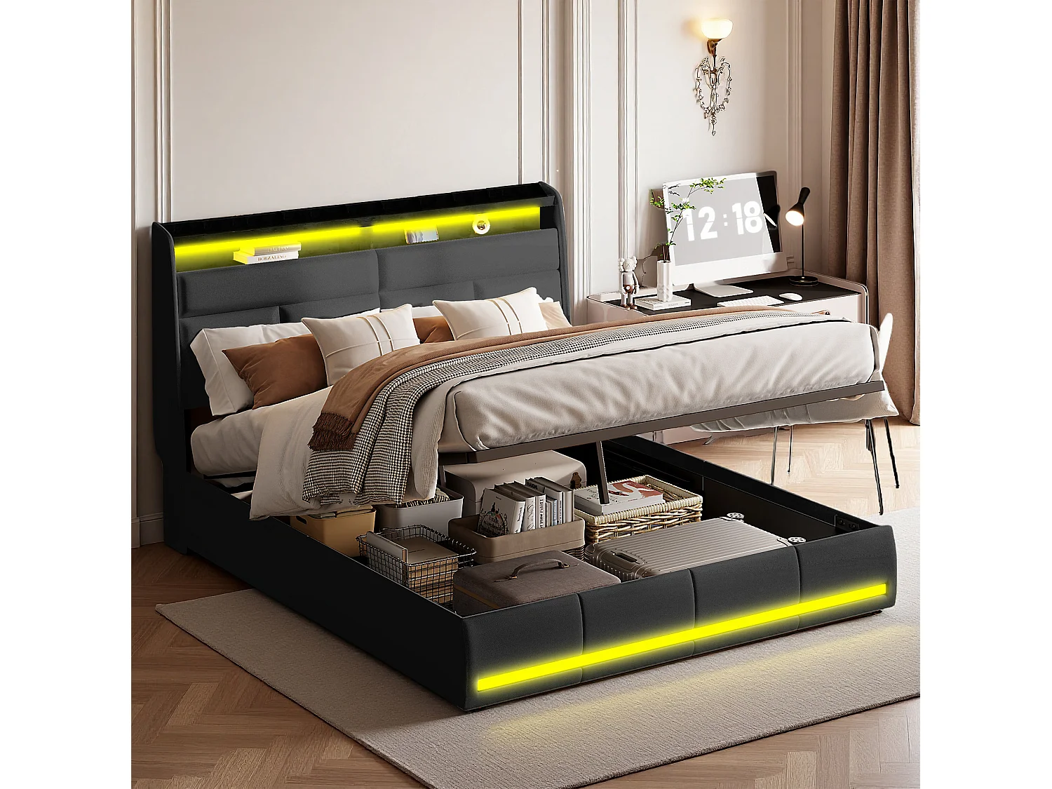 Lit coffre 160 x 200 cm - NEXU - Lit adulte avec sommier à lattes, LED et rangement - tissu PU noir