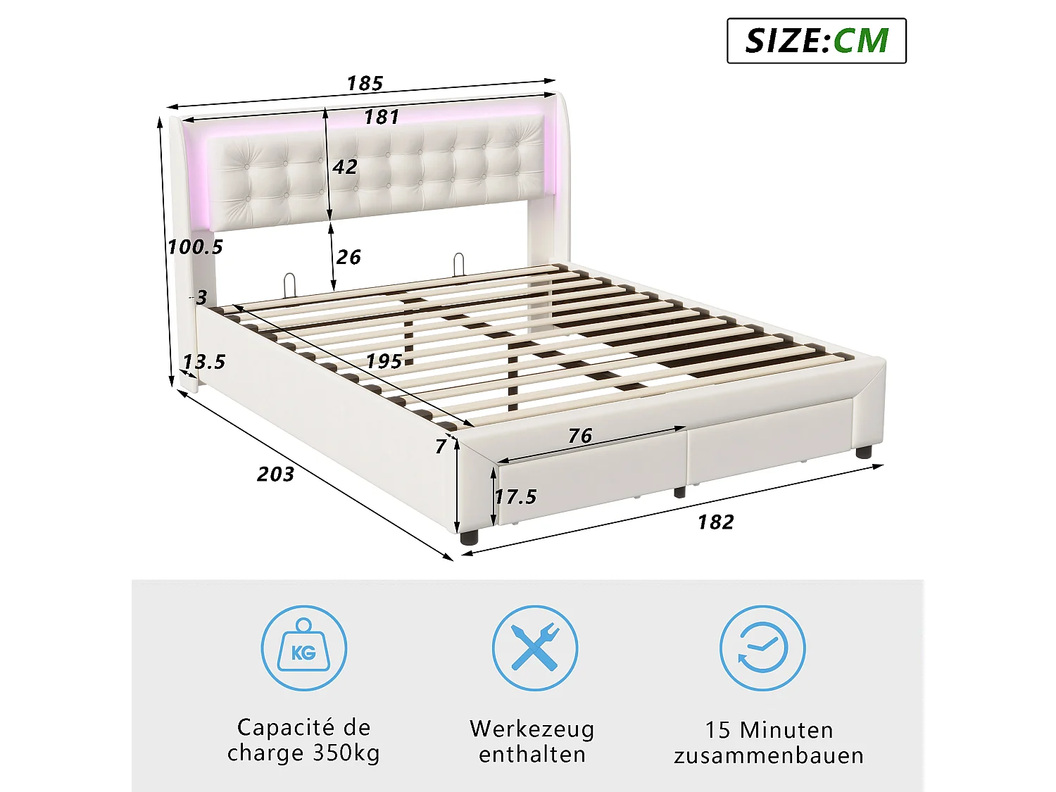 Lit king size 180x200 coffre avec sommier à lattes - lit double 180x200 cm avec tiroir et LED - capitonné en tissu velours - beige