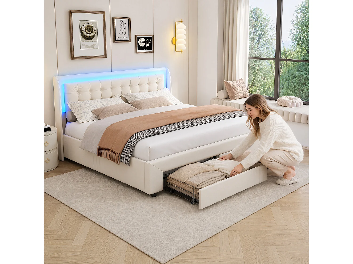 Volwassen bed 180x200 cm met lattenbodem - NEXU - LED - gestoffeerd bed 180x200 cm met lade en opbergvak - tweepersoonsbed 180x200 cm in fluwelen stof - beige